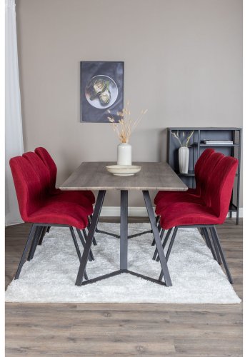 VENTURE DESIGN Marina Matbordsset, med 6 Stolar - Gr Fanér / Svart Metall och Rött Tyg / Svart Metall
