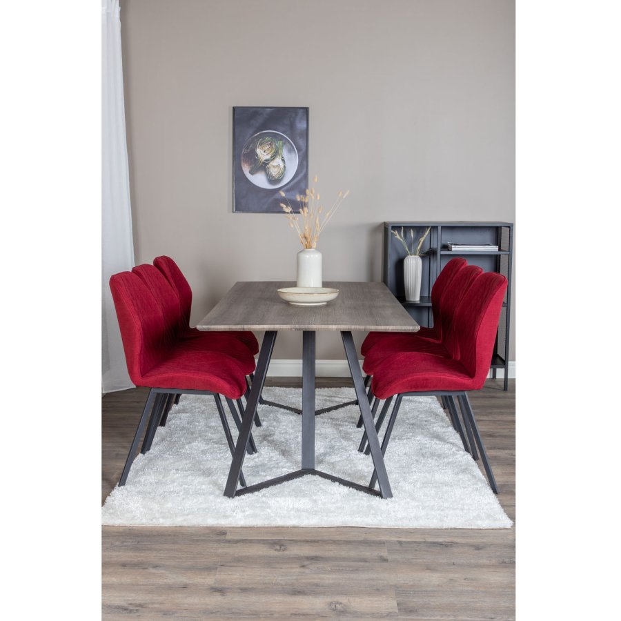 VENTURE DESIGN Marina Matbordsset, med 6 Stolar - Gr Fanér / Svart Metall och Rött Tyg / Svart Metall