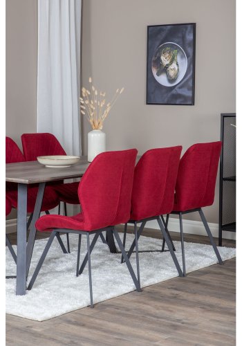 VENTURE DESIGN Marina Matbordsset, med 6 Stolar - Gr Fanér / Svart Metall och Rött Tyg / Svart Metall