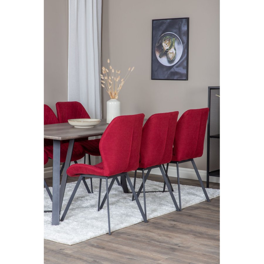 VENTURE DESIGN Marina Matbordsset, med 6 Stolar - Gr Fanér / Svart Metall och Rött Tyg / Svart Metall