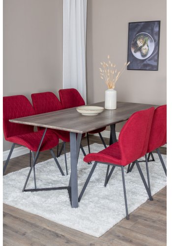 VENTURE DESIGN Marina Matbordsset, med 6 Stolar - Gr Fanér / Svart Metall och Rött Tyg / Svart Metall