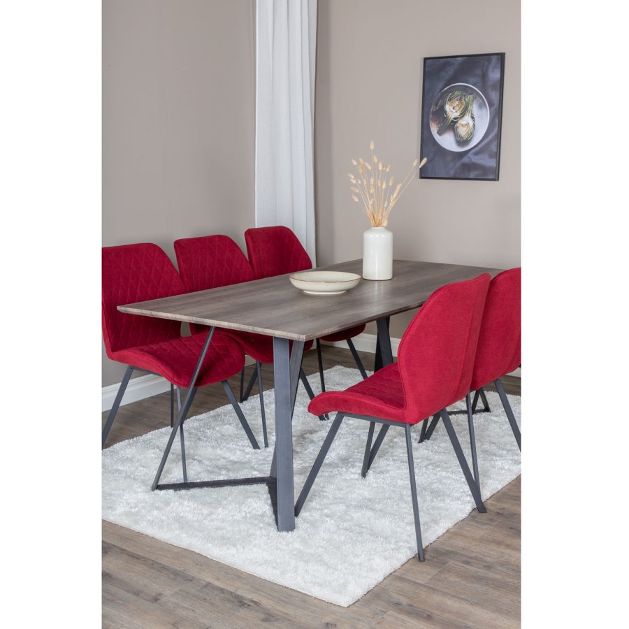 VENTURE DESIGN Marina Matbordsset, med 6 Stolar - Gr Fanér / Svart Metall och Rött Tyg / Svart Metall