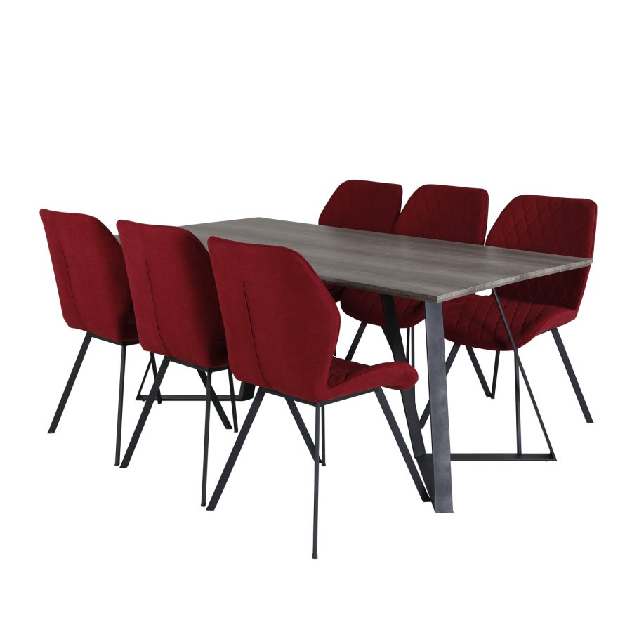 VENTURE DESIGN Marina Matbordsset, med 6 Stolar - Gr Fanér / Svart Metall och Rött Tyg / Svart Metall