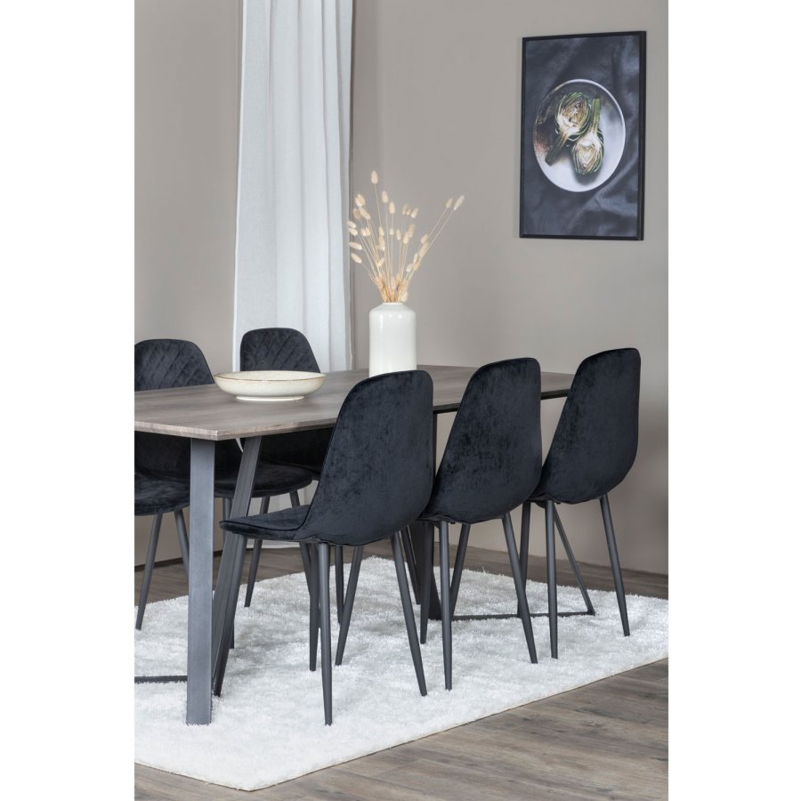 VENTURE DESIGN Marina spisebordsst, m. 6 stole - gr finer/sort metal og sort fljl/sort metal