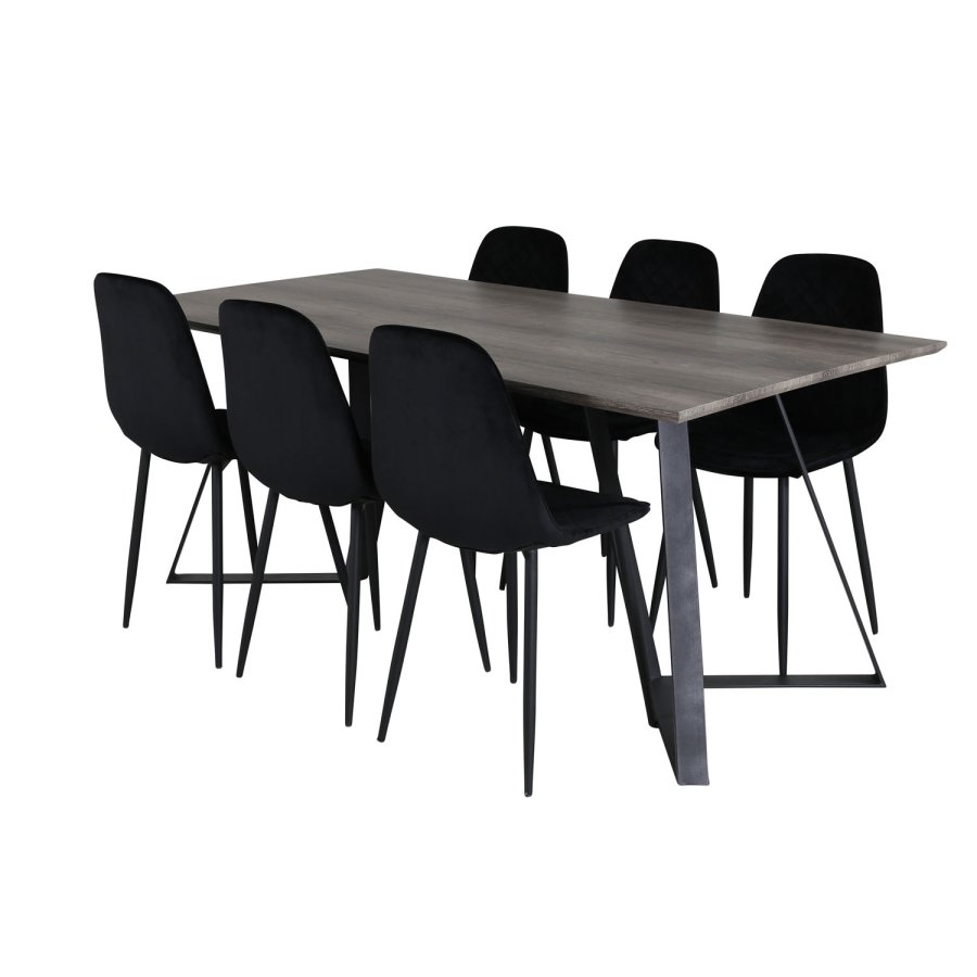VENTURE DESIGN Marina spisebordsst, m. 6 stole - gr finer/sort metal og sort fljl/sort metal