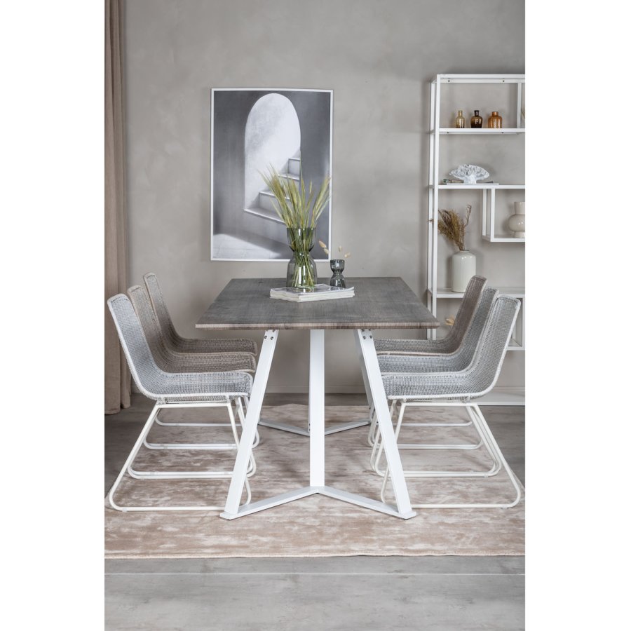 VENTURE DESIGN Marina spisebordsst, m. 6 stole - gr finer/hvid metal og hvid rattan/hvid metal