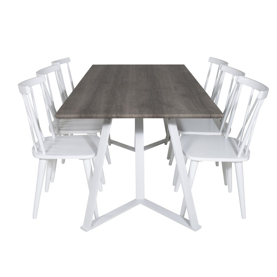 VENTURE DESIGN Marina Matbordsset, med 6 Stolar - Gr Fanér / Vit Metall och Vitt Gummiträ