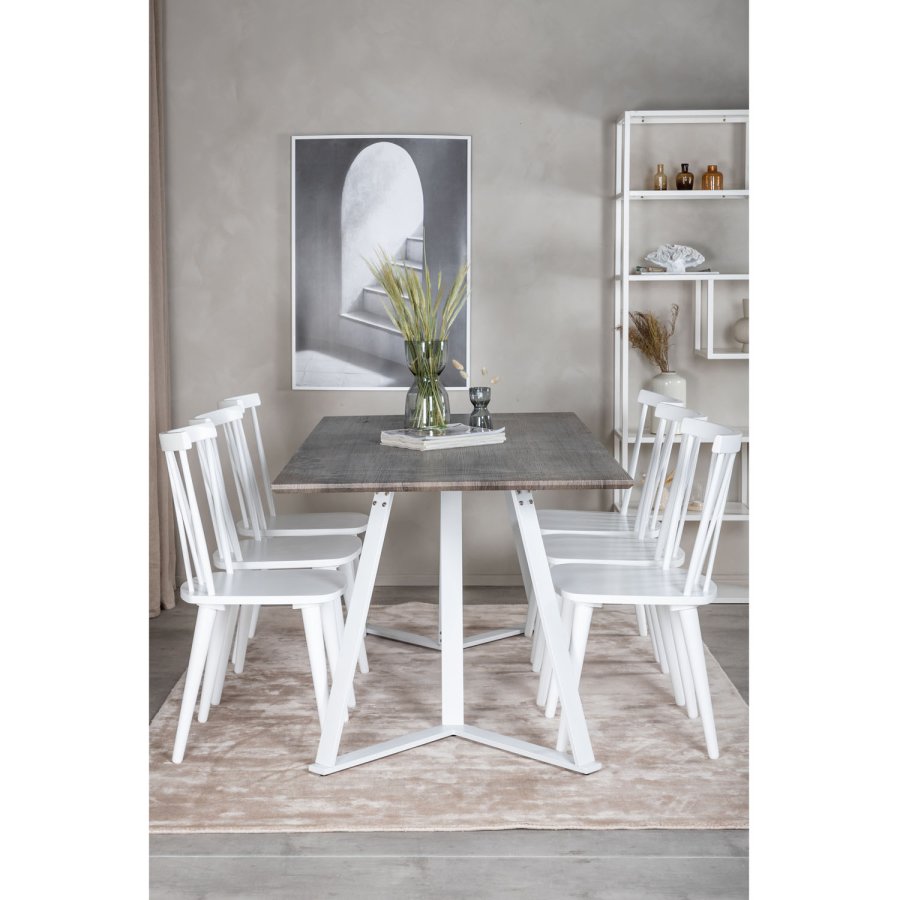 VENTURE DESIGN Marina Matbordsset, med 6 Stolar - Gr Fanér / Vit Metall och Vitt Gummiträ