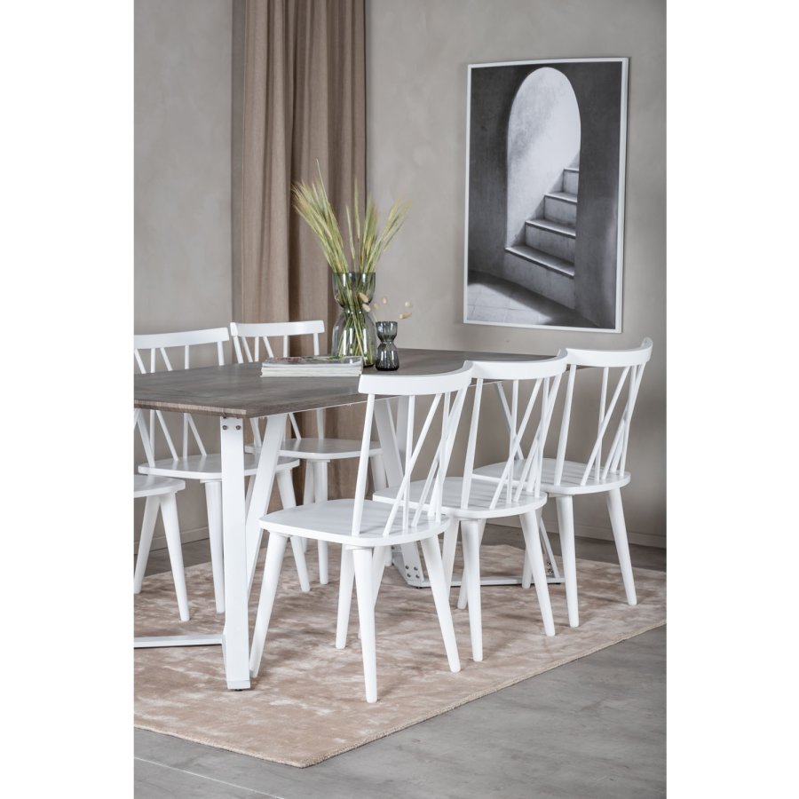 VENTURE DESIGN Marina Matbordsset, med 6 Stolar - Gr Fanér / Vit Metall och Vitt Gummiträ