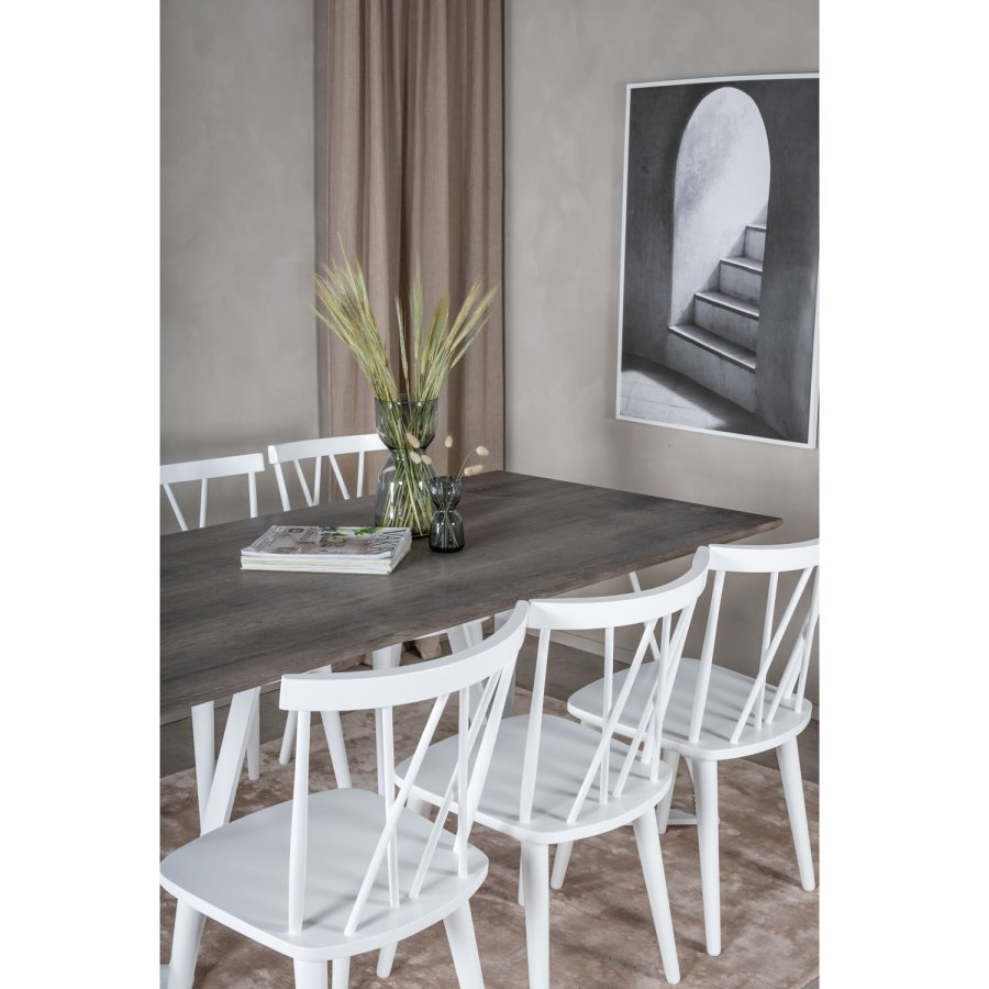 VENTURE DESIGN Marina Matbordsset, med 6 Stolar - Gr Fanér / Vit Metall och Vitt Gummiträ