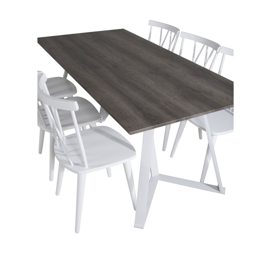 VENTURE DESIGN Marina Matbordsset, med 6 Stolar - Gr Fanér / Vit Metall och Vitt Gummiträ