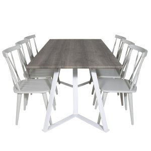 VENTURE DESIGN Marina Matbordsset, med 6 Stolar - Gr Fanér / Vit Metall och Grtt Gummiträ