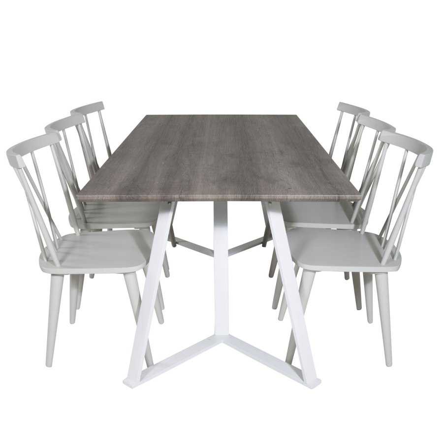 VENTURE DESIGN Marina Matbordsset, med 6 Stolar - Gr Fanér / Vit Metall och Grtt Gummiträ