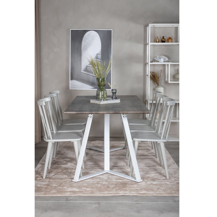 VENTURE DESIGN Marina Matbordsset, med 6 Stolar - Gr Fanér / Vit Metall och Grtt Gummiträ