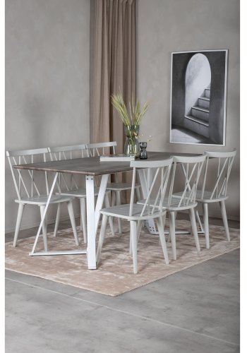 VENTURE DESIGN Marina Matbordsset, med 6 Stolar - Gr Fanér / Vit Metall och Grtt Gummiträ