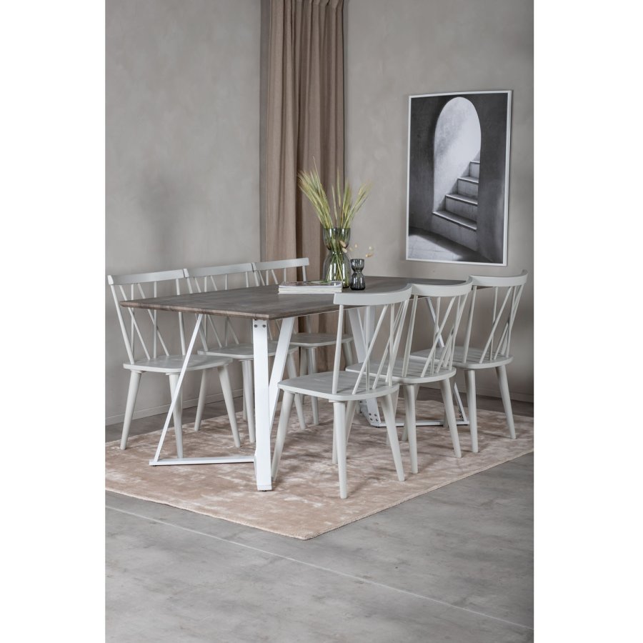 VENTURE DESIGN Marina Matbordsset, med 6 Stolar - Gr Fanér / Vit Metall och Grtt Gummiträ