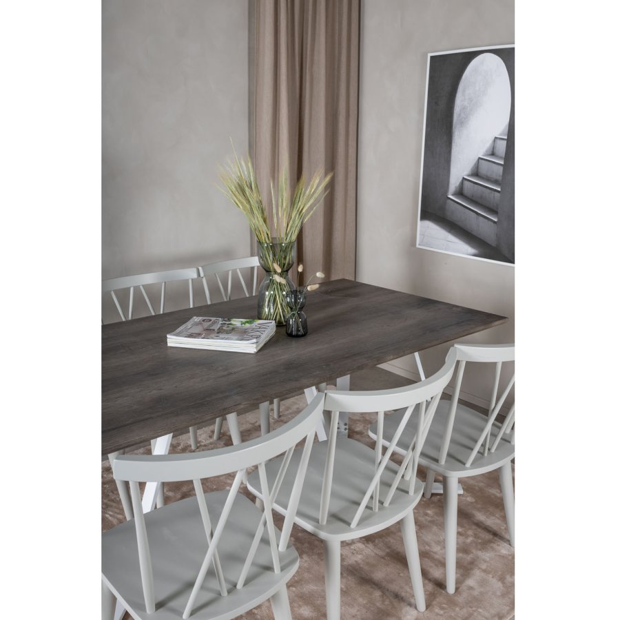 VENTURE DESIGN Marina Matbordsset, med 6 Stolar - Gr Fanér / Vit Metall och Grtt Gummiträ