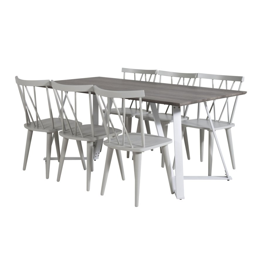 VENTURE DESIGN Marina Matbordsset, med 6 Stolar - Gr Fanér / Vit Metall och Grtt Gummiträ