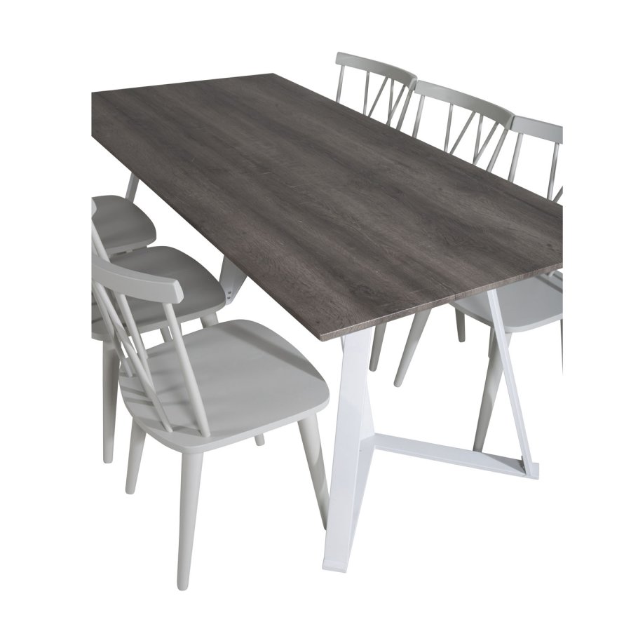 VENTURE DESIGN Marina Matbordsset, med 6 Stolar - Gr Fanér / Vit Metall och Grtt Gummiträ