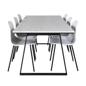 VENTURE DESIGN Estelle Matbordsset, med 6 Stolar, Vit Marmor / Svart Metall och Vit Plast / Svart Metall