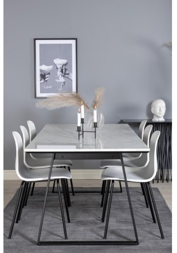 VENTURE DESIGN Estelle spisebordsst, m. 6 stole, hvid marmor/sort metal og hvid plastik/sort metal