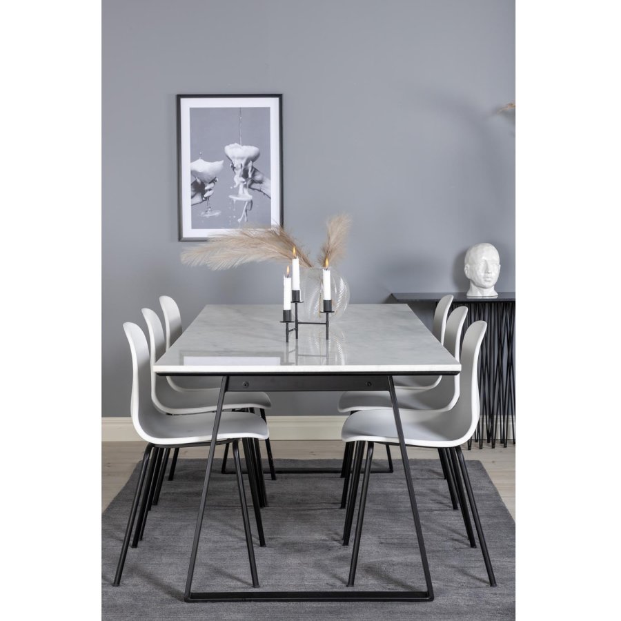 VENTURE DESIGN Estelle spisebordsst, m. 6 stole, hvid marmor/sort metal og hvid plastik/sort metal