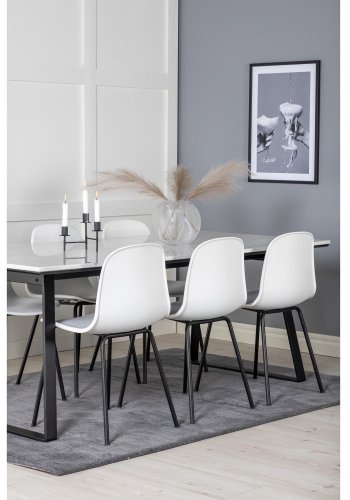 VENTURE DESIGN Estelle spisebordsst, m. 6 stole, hvid marmor/sort metal og hvid plastik/sort metal