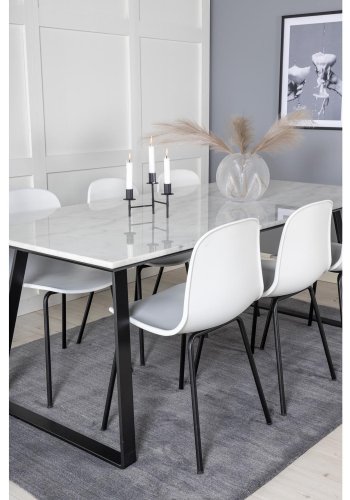 VENTURE DESIGN Estelle spisebordsst, m. 6 stole, hvid marmor/sort metal og hvid plastik/sort metal