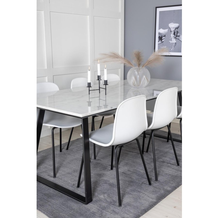 VENTURE DESIGN Estelle spisebordsst, m. 6 stole, hvid marmor/sort metal og hvid plastik/sort metal