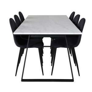 VENTURE DESIGN Estelle Matbordsset, med 6 Stolar - Vit Marmor / Svart Metall och Svart Tyg / Svart Metall