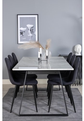VENTURE DESIGN Estelle spisebordsst, m. 6 stole - hvid marmor/sort metal og sort stof/sort metal