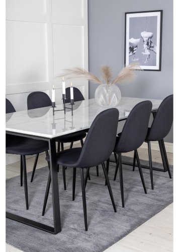 VENTURE DESIGN Estelle spisebordsst, m. 6 stole - hvid marmor/sort metal og sort stof/sort metal