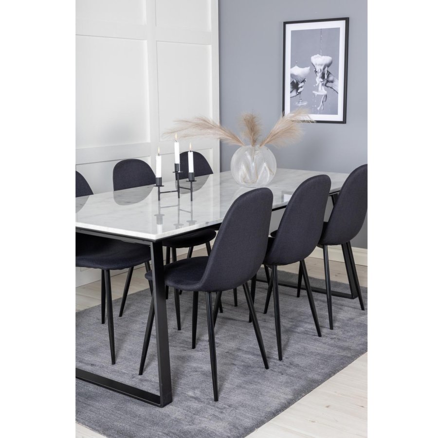 VENTURE DESIGN Estelle spisebordsst, m. 6 stole - hvid marmor/sort metal og sort stof/sort metal