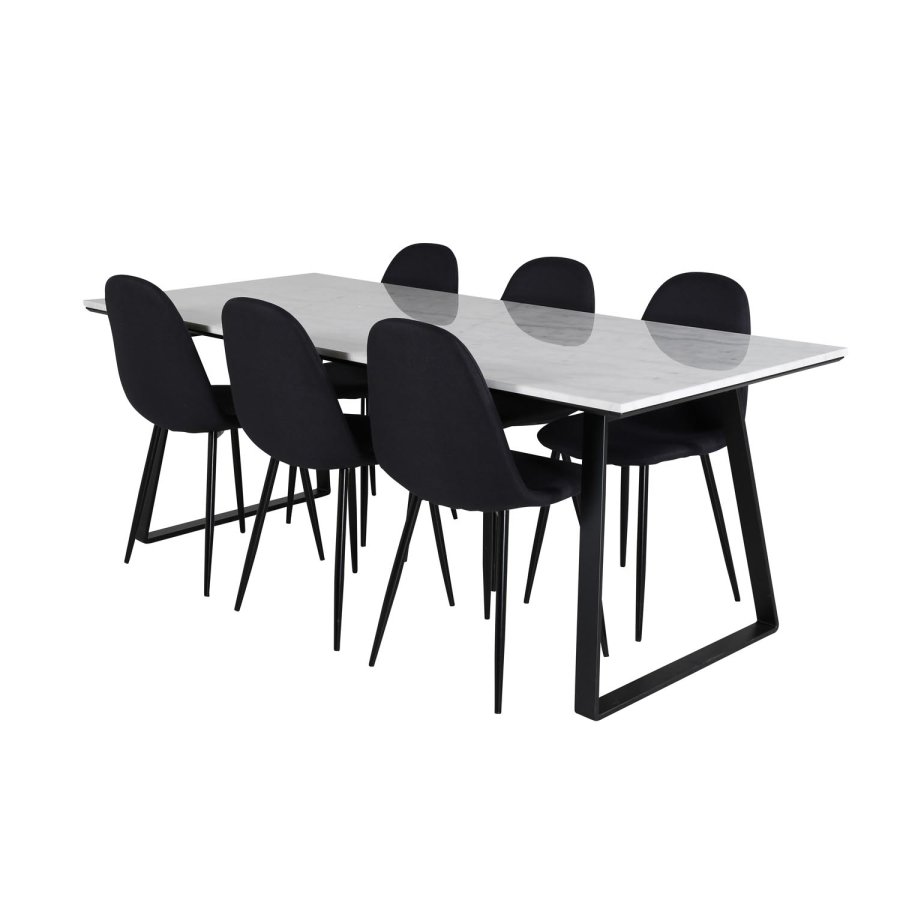 VENTURE DESIGN Estelle spisebordsst, m. 6 stole - hvid marmor/sort metal og sort stof/sort metal