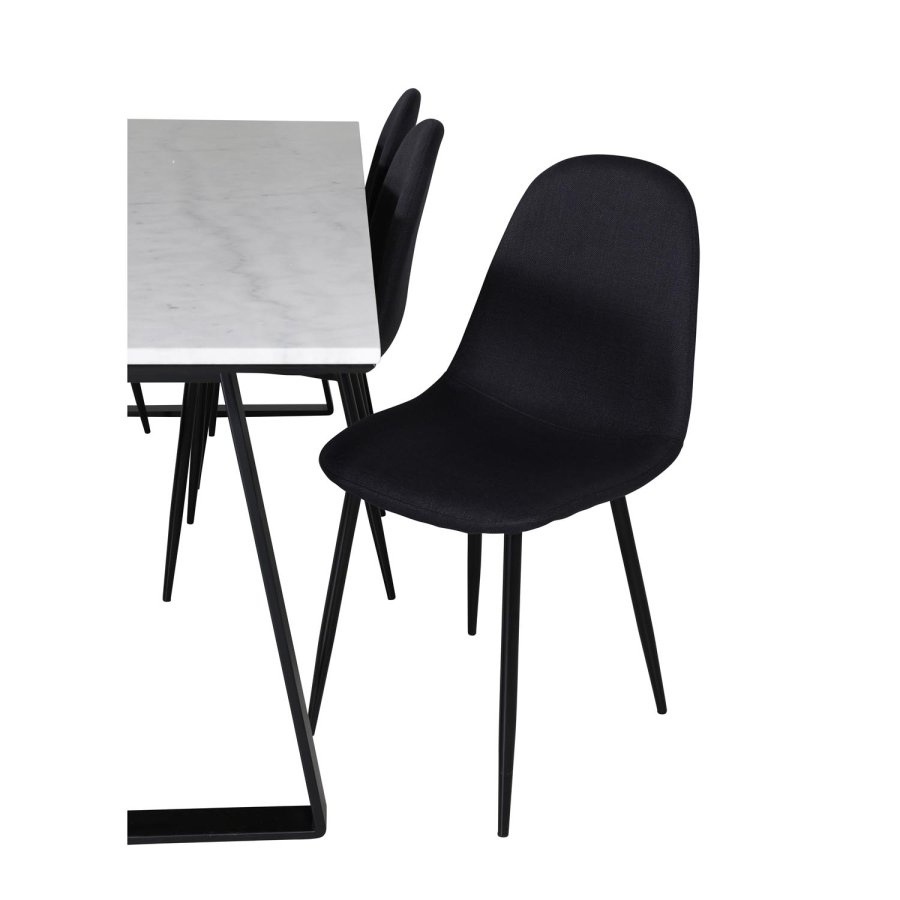 VENTURE DESIGN Estelle spisebordsst, m. 6 stole - hvid marmor/sort metal og sort stof/sort metal