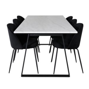 VENTURE DESIGN Estelle Matbordsset, med 6 Stolar - Vit Marmor / Svart Metall och Svart Sammet / Svart Metall