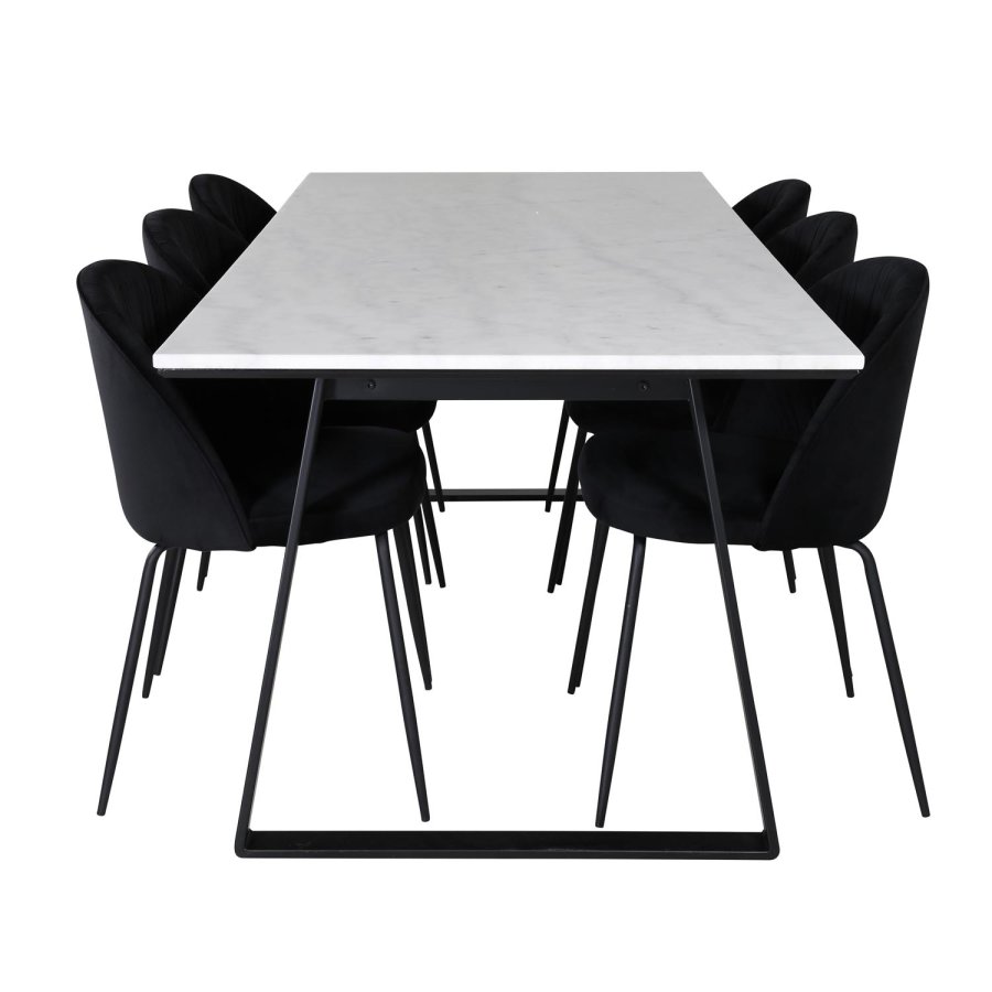 VENTURE DESIGN Estelle spisebordsst, m. 6 stole - hvid marmor/sort metal og sort fljl/sort metal