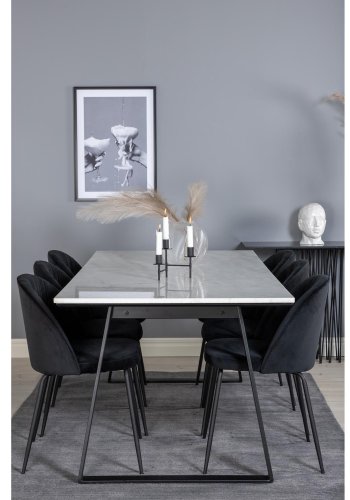 VENTURE DESIGN Estelle spisebordsst, m. 6 stole - hvid marmor/sort metal og sort fljl/sort metal