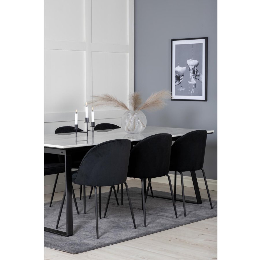 VENTURE DESIGN Estelle spisebordsst, m. 6 stole - hvid marmor/sort metal og sort fljl/sort metal