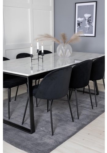VENTURE DESIGN Estelle spisebordsst, m. 6 stole - hvid marmor/sort metal og sort fljl/sort metal