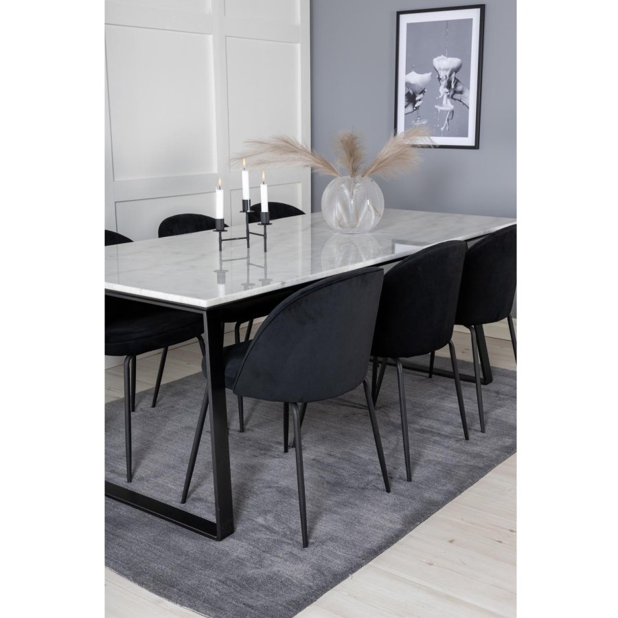 VENTURE DESIGN Estelle spisebordsst, m. 6 stole - hvid marmor/sort metal og sort fljl/sort metal