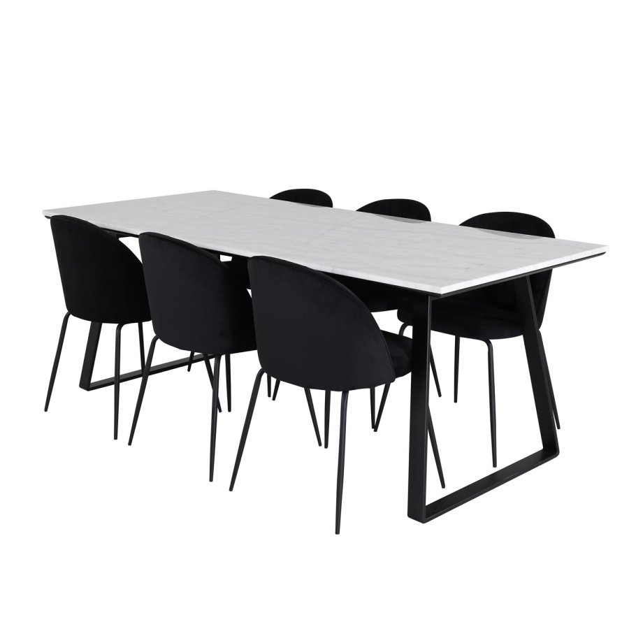 VENTURE DESIGN Estelle spisebordsst, m. 6 stole - hvid marmor/sort metal og sort fljl/sort metal