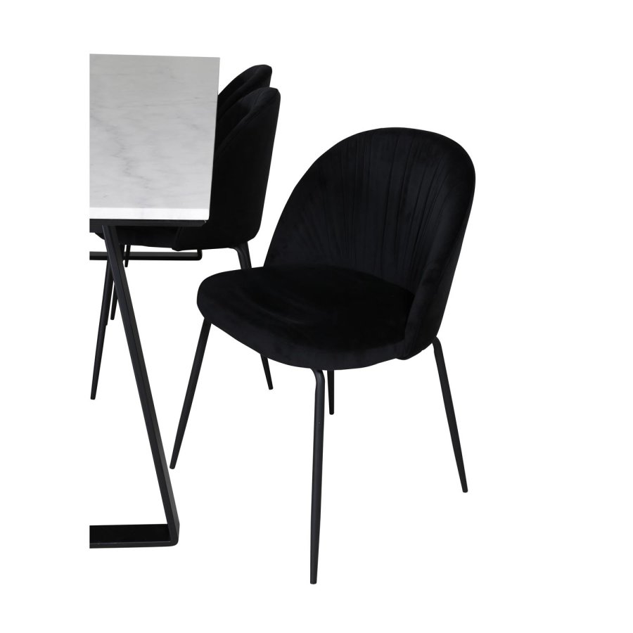 VENTURE DESIGN Estelle spisebordsst, m. 6 stole - hvid marmor/sort metal og sort fljl/sort metal