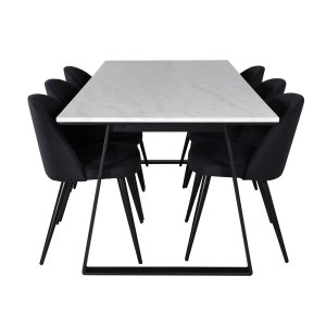 VENTURE DESIGN Estelle Matbordsset, med 6 Stolar - Vit Marmor / Svart Metall och Svart Tyg / Svart Metall