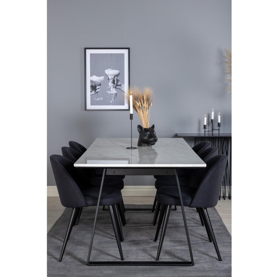 VENTURE DESIGN Estelle spisebordsst, m. 6 stole - hvid marmor/sort metal og sort stof/sort metal