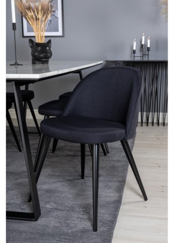 VENTURE DESIGN Estelle spisebordsst, m. 6 stole - hvid marmor/sort metal og sort stof/sort metal