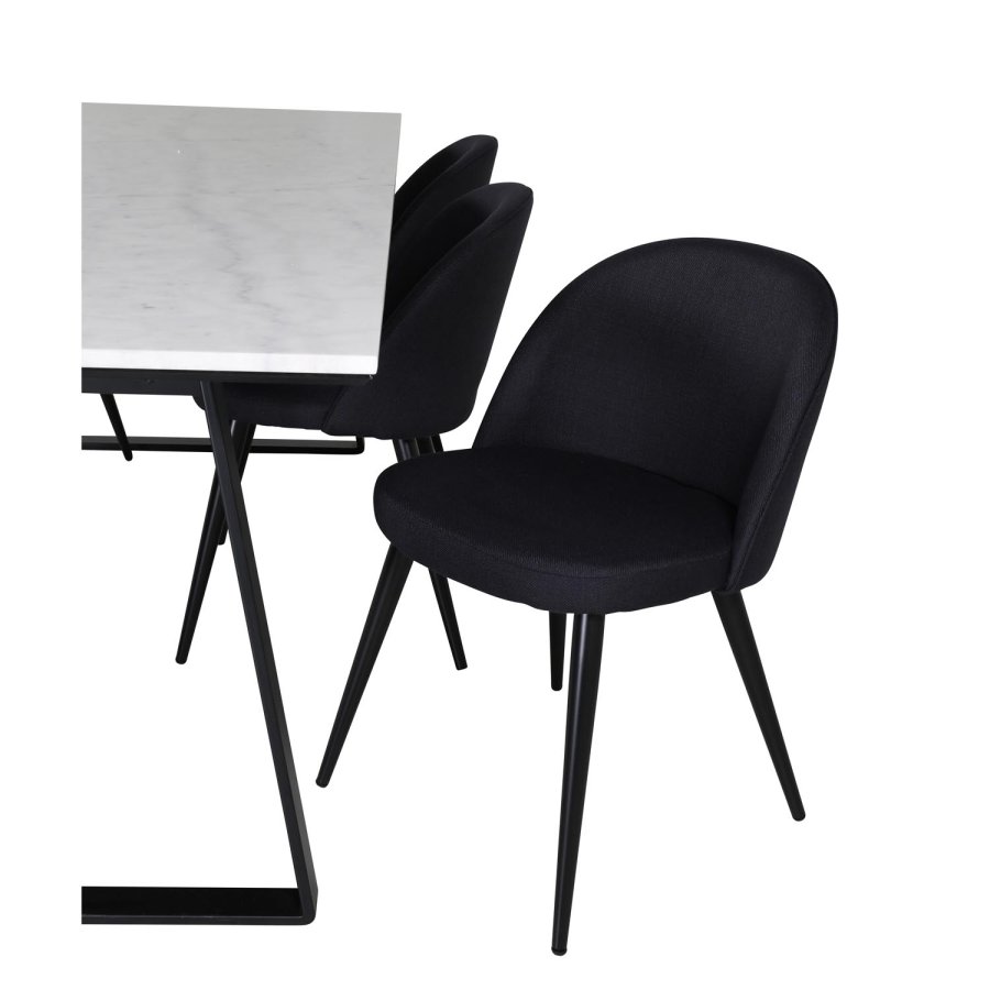 VENTURE DESIGN Estelle spisebordsst, m. 6 stole - hvid marmor/sort metal og sort stof/sort metal
