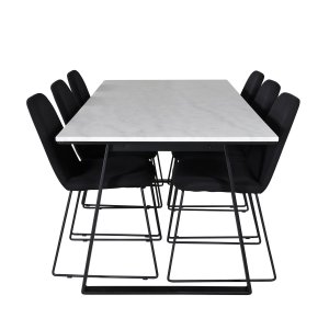 VENTURE DESIGN Estelle Matbordsset, med 6 Stolar - Vit Marmor / Svart Metall och Svart Tyg / Svart Metall