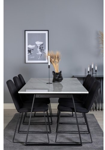 VENTURE DESIGN Estelle spisebordsst, m. 6 stole - hvid marmor/sort metal og sort stof/sort metal