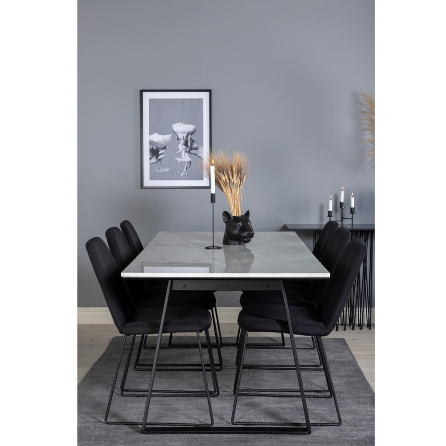 VENTURE DESIGN Estelle spisebordsst, m. 6 stole - hvid marmor/sort metal og sort stof/sort metal